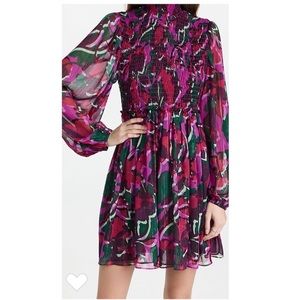 NWT MISA Los Angeles Jessa Holiday Sparkle Turtleneck Smocked Print Mini Dress